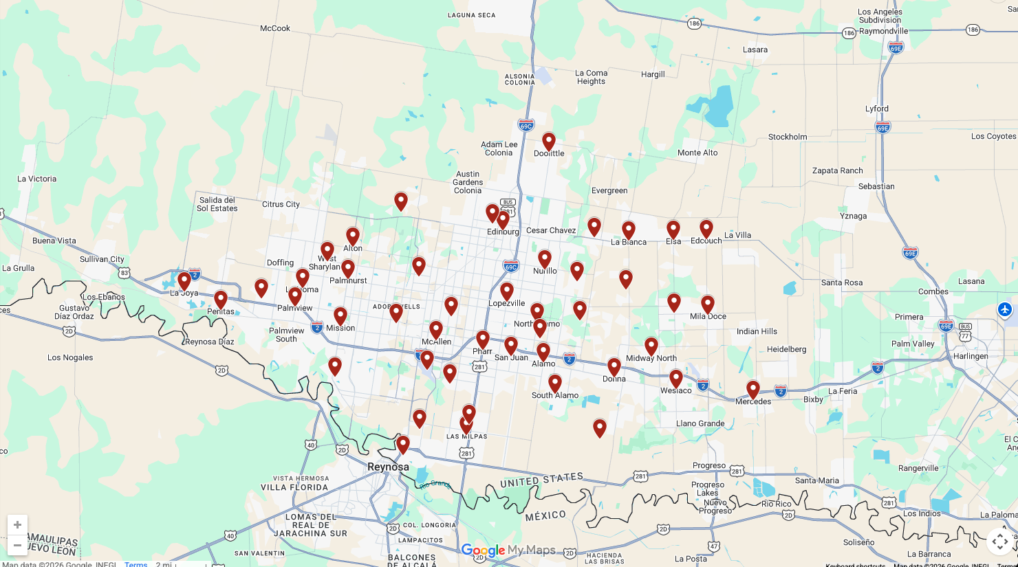 Map of Eagle Express Dumpster Service coverage area across Hidalgo County, Texas